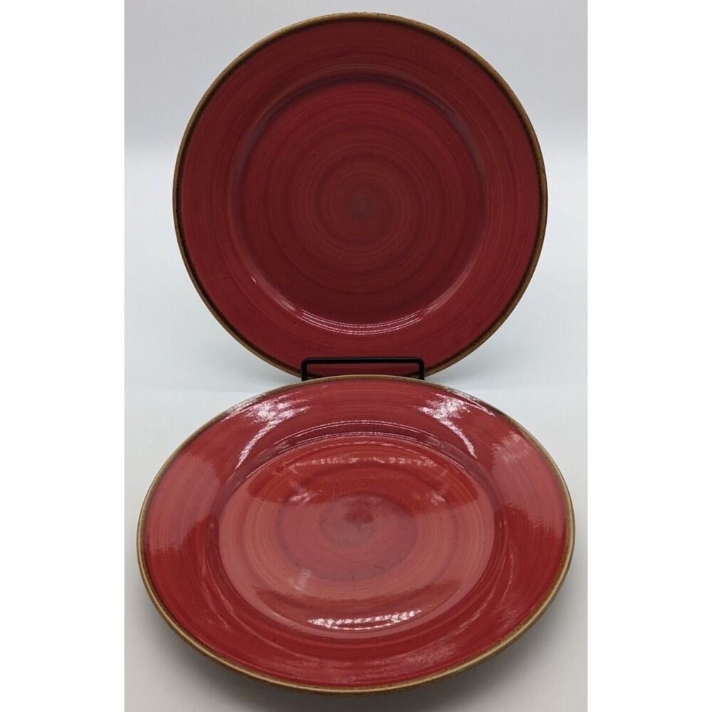 Thomson Pottery Dinner Plates Swirl Red Tomato Poppy Tan Edge 10.5” Set Of 2 EUC